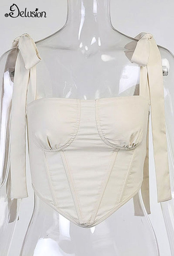 1/3 Delusion Y2K Style Women's Summer Square Collar Camisole Polyester Adjustable Shoulder Strap Waist Fishbone Decorated Irregular Hem Corset Tank Top